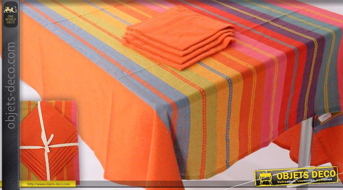 Nappe rectangulaire coton à rayures avec 6 serviettes de table