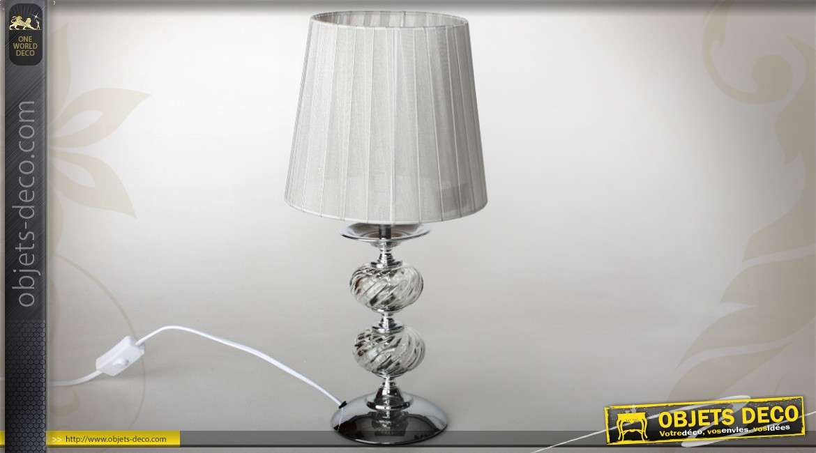 Lampe de table verre et métal chromé abat-jour plissé 41 cm