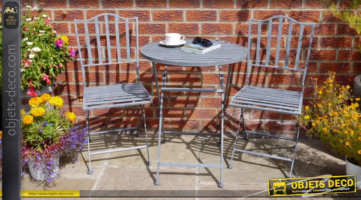 Salon de jardin pour 2 personnes en métal finition gris ancien, table ronde et chaises effet barreaux, Ø60cm