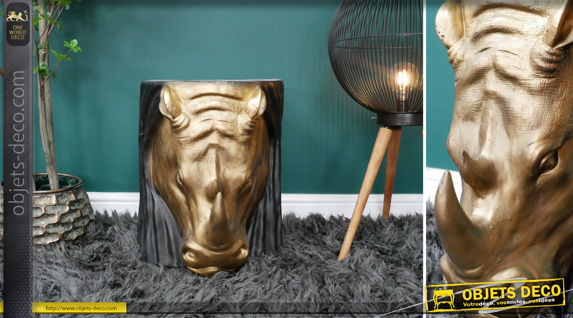 Table d'appoint en résine en forme de rhinocéros, finition noir et doré effet ancien, 48cm