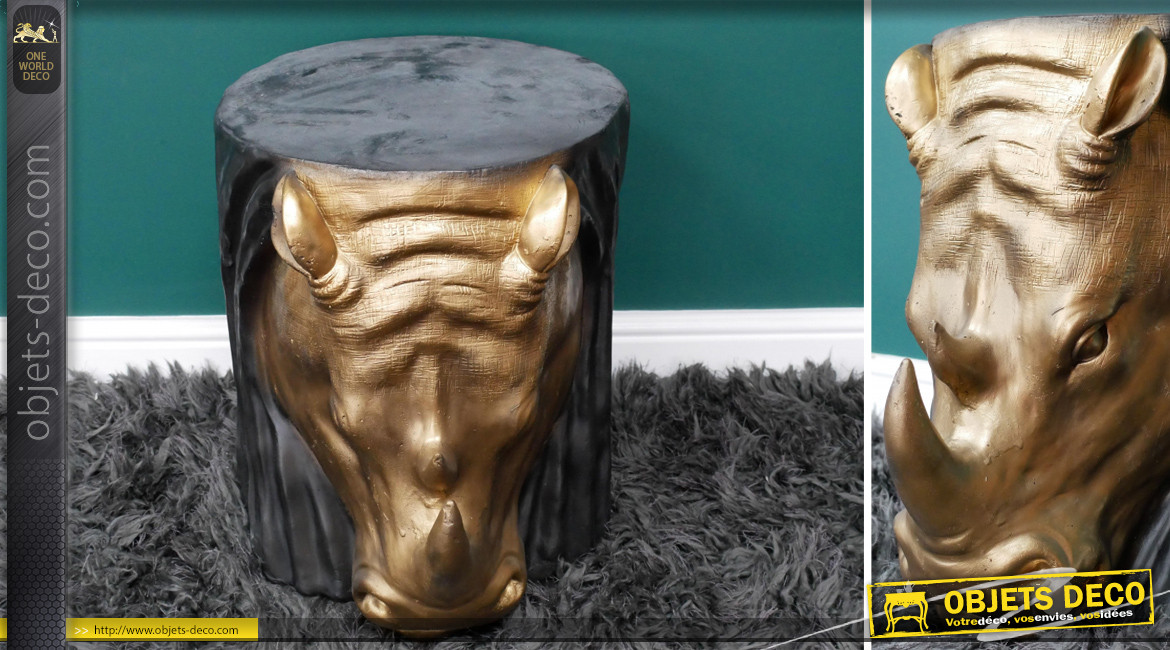 Table d'appoint en résine en forme de rhinocéros, finition noir et doré effet ancien, 48cm