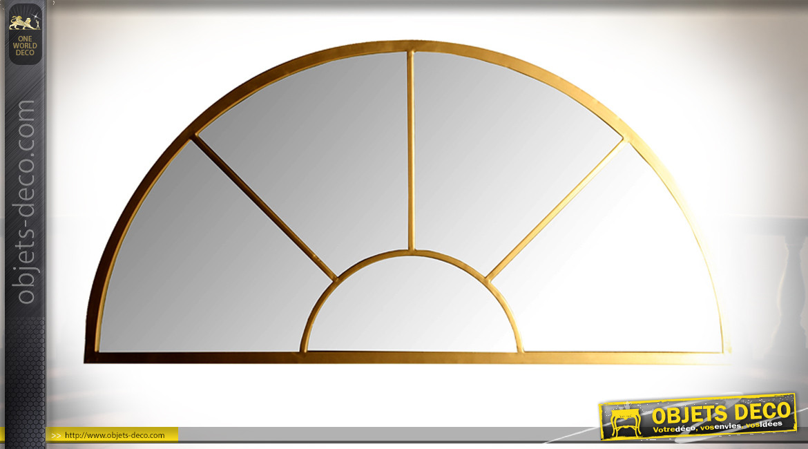 Grand miroir arrondi en métal finition doré et verre, pour composition, 100cm