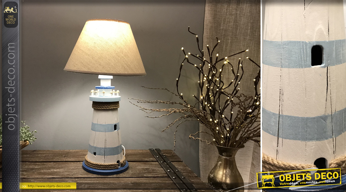 Grande lampe à poser en bois en forme de phare marin, finition bleu ancien et blanc vieilli, 56cm