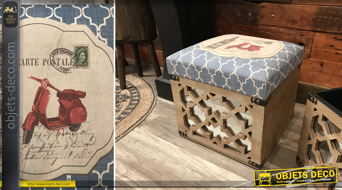 Série de 2 coffres pouf carrés en bois et façades miroir, assises style anciennes cartes postales, 34cm