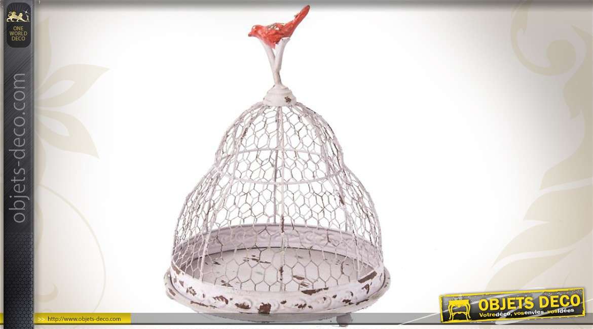 Cage à oiseaux en forme de cloche grillagée coloris blanc antique