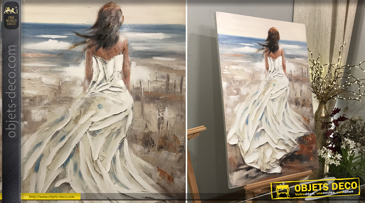 Grand tableau en bois et toile avec représentation de silhouette féminine et bord de mer avec robe blanche, 120cm