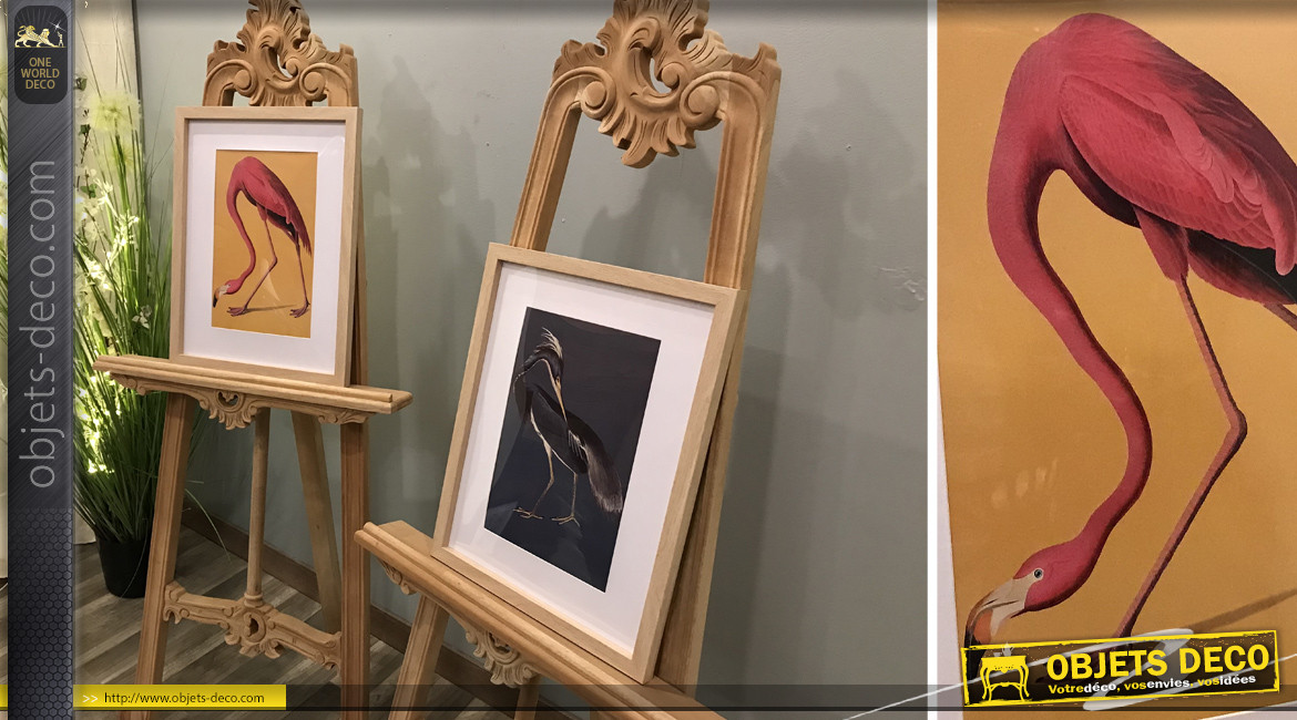 Série de 2 tableaux en bois avec impressions d'oiseaux exotiques, modèle cadre bois clair, 45cm