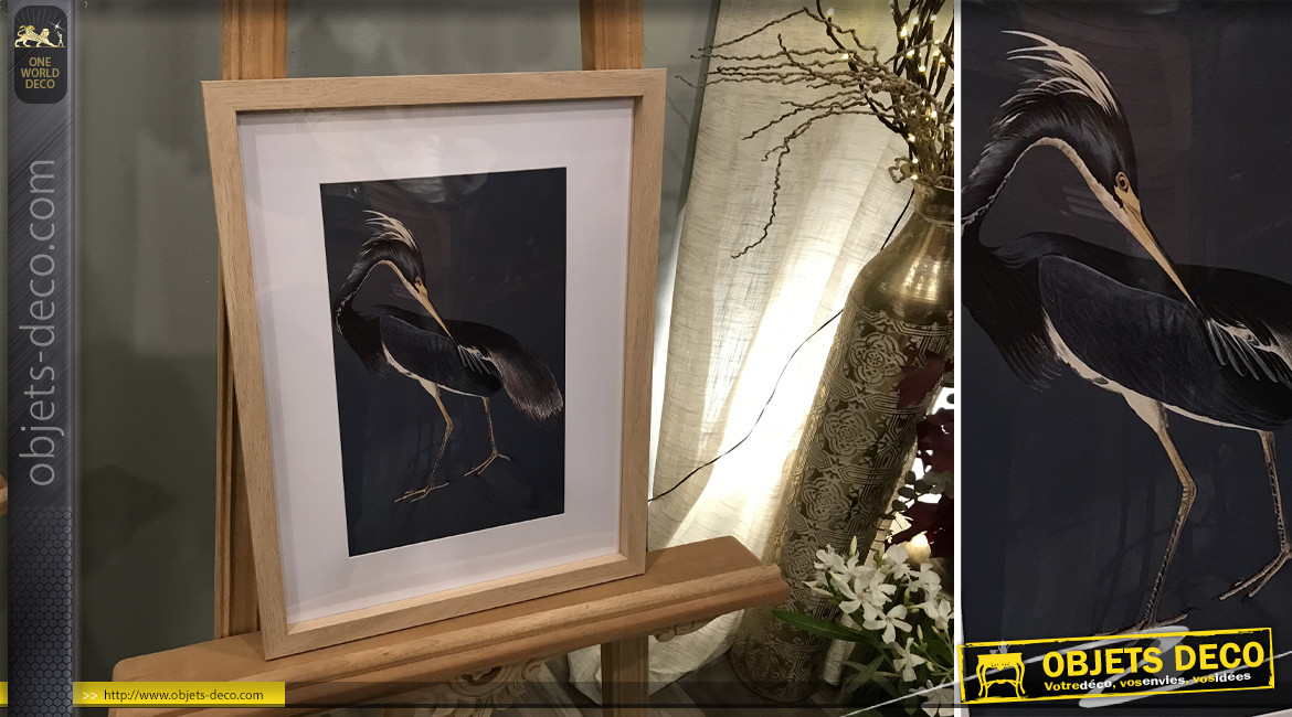 Série de 2 tableaux en bois avec impressions d'oiseaux exotiques, modèle cadre bois clair, 45cm