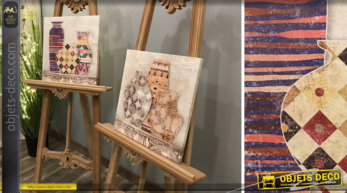 Série de 2 toiles avec vases motifs carreaux de ciments, style vintage, teinté sable et violet, 40cm