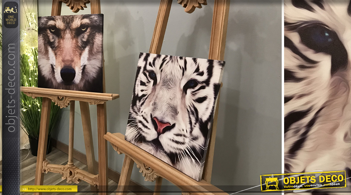 Série de 2 toiles avec loup et tigre imprimés, ambiance animaux et regards sauvages, 40cm