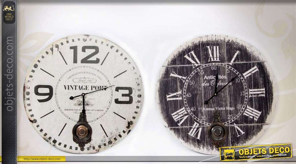 Deux horloges de style rétro et vintage noir et blanc Ø 58 cm