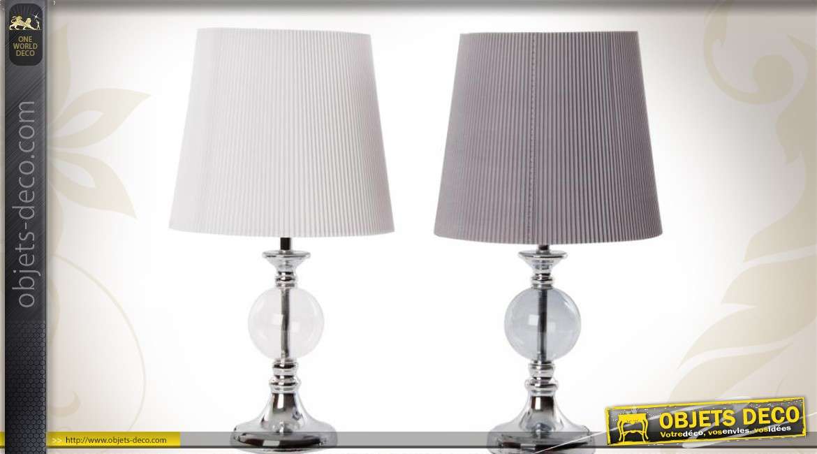 Duo de lampes de table chrome verre et abat-jour effet côtelé