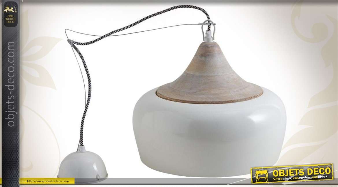 Lampe suspension de style rétro en métal laqué ivoire et bois