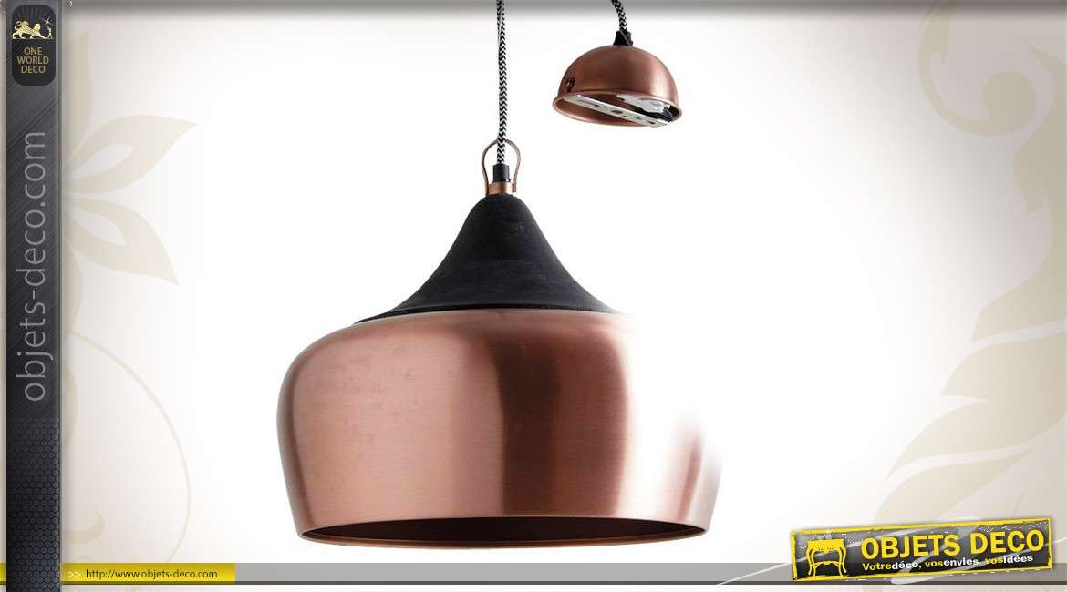 Lampe suspension en métal finition cuivre et bois