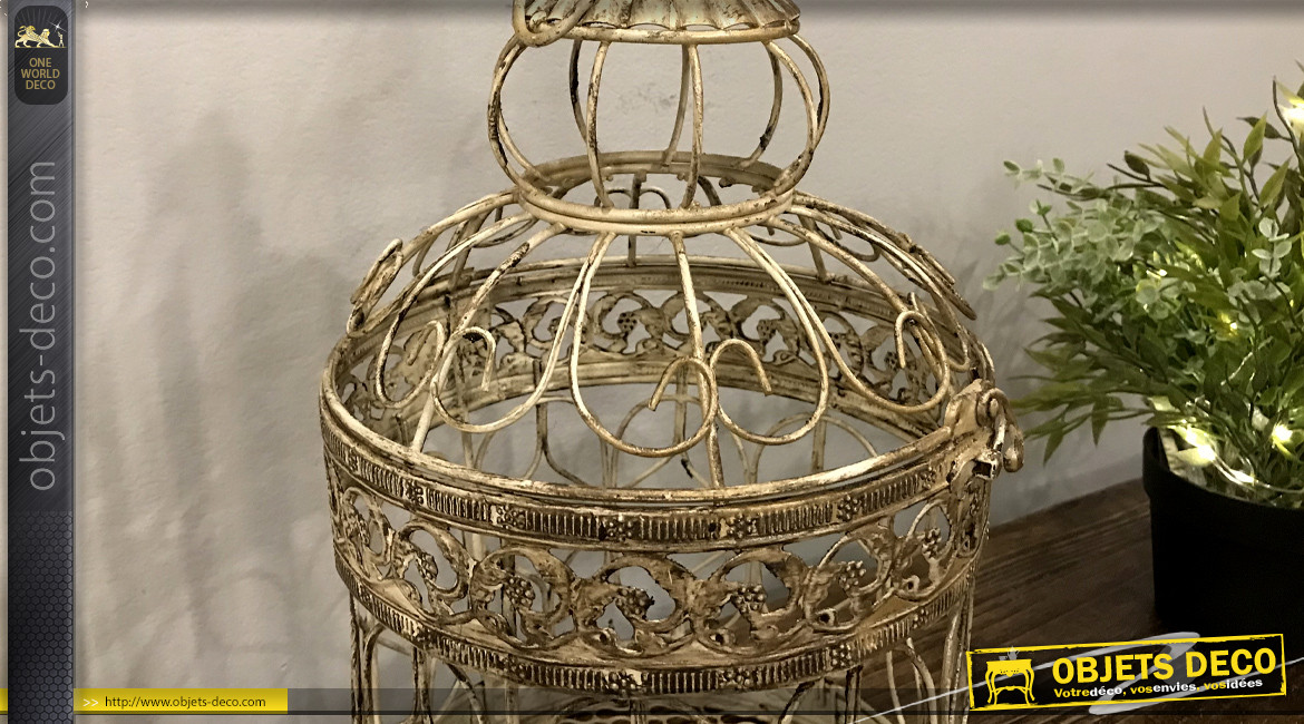 Petite cage décorative en métal finition vieilli, ambiance romantico chic, Ø19,5cm
