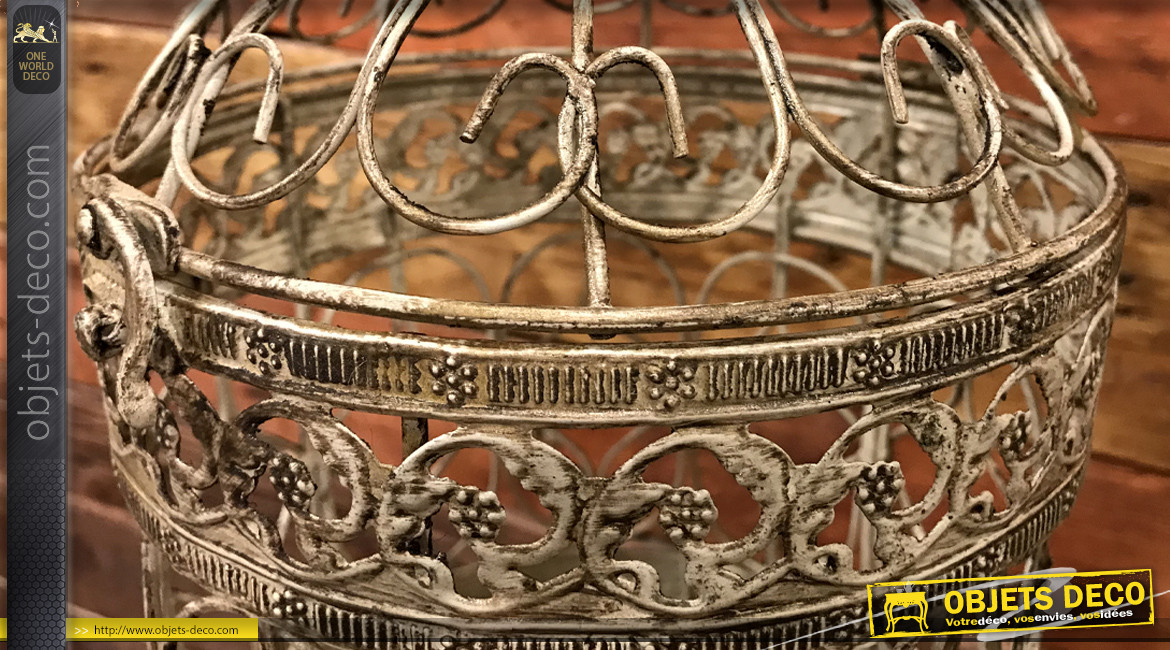 Grande cage décorative en métal à suspendre, finition crème patiné vieilli noir, style romantique, Ø31cm / 57cm