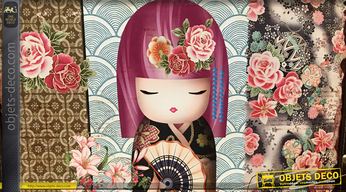 Valisette décorative en bois avec grande anse, motifs colorés et joyeux, ambiance manga, 35cm