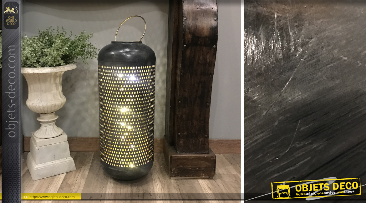 Grande lanterne en aluminium finition gris anthracite effet vieilli et doré brillant, Ø24cm / 71cm