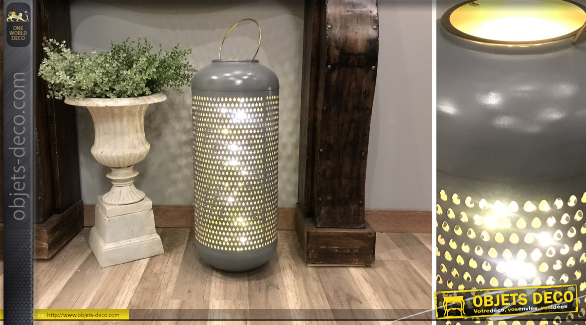 Grande lanterne en aluminium finition gris perle et doré brillant, Ø24cm / 71cm