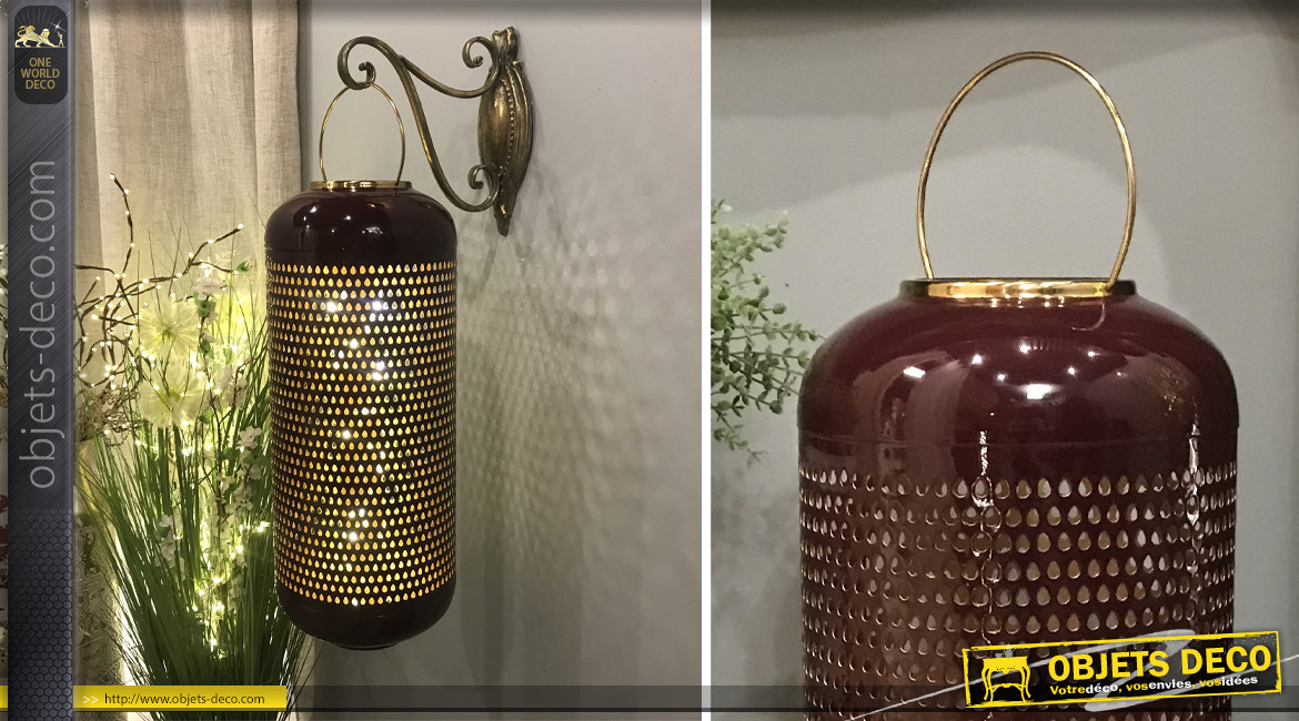 Grande lanterne en aluminium finition laqué rouge grenat et doré brillant, Ø24cm / 71cm