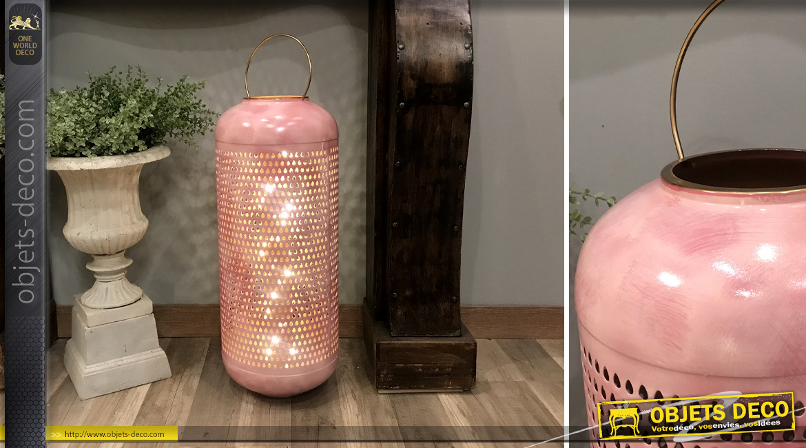 Grande lanterne en aluminium finition rose vif patiné rose dragée et doré brillant, Ø24cm / 71cm
