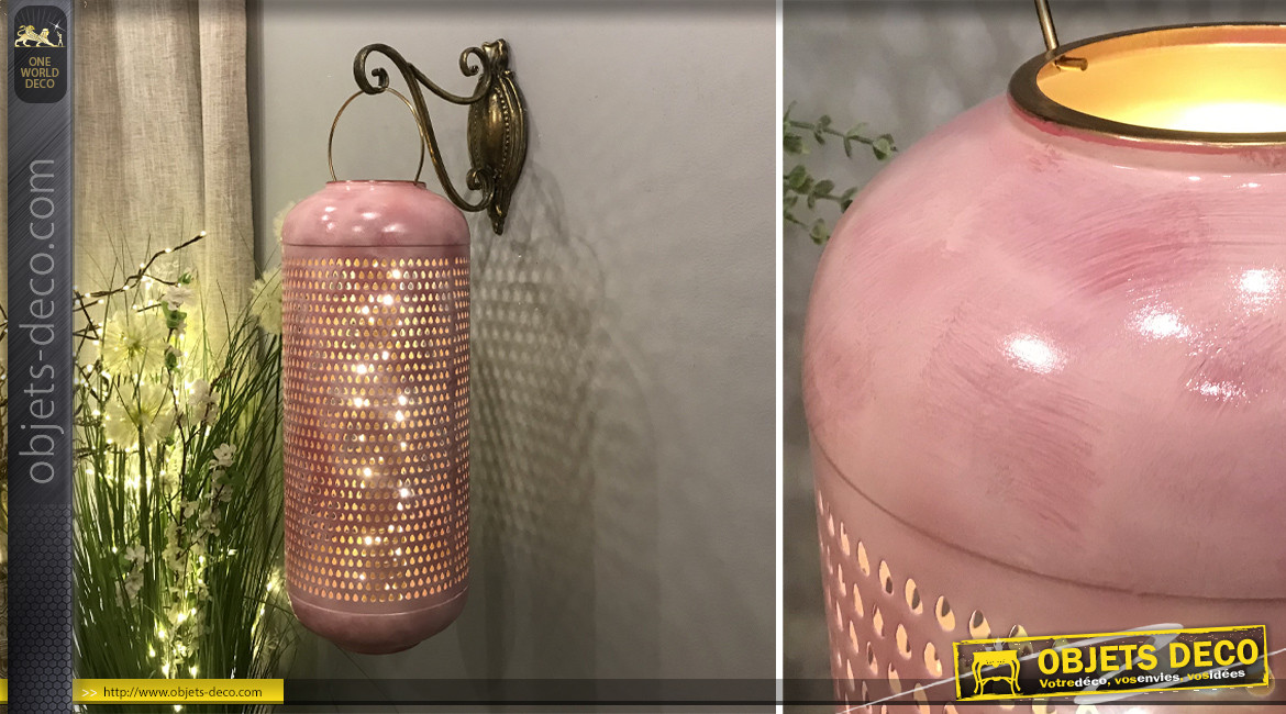 Grande lanterne en aluminium finition rose vif patiné rose dragée et doré brillant, Ø24cm / 71cm