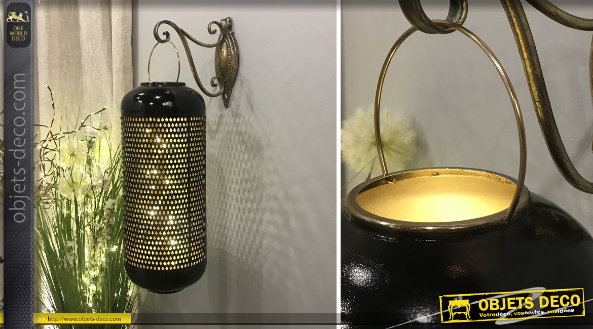 Grande lanterne en aluminium finition noir charbon et doré brillant, Ø24cm / 71cm