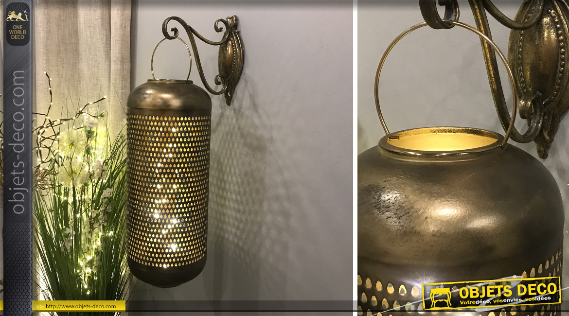 Grande lanterne en aluminium finition noir charbon patiné laiton ancien et doré brillant, Ø24cm / 71cm