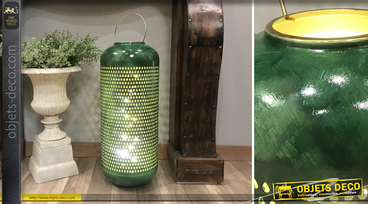 Grande lanterne en aluminium finition vert absinthe patiné bouteille et doré brillant, Ø24cm / 71cm