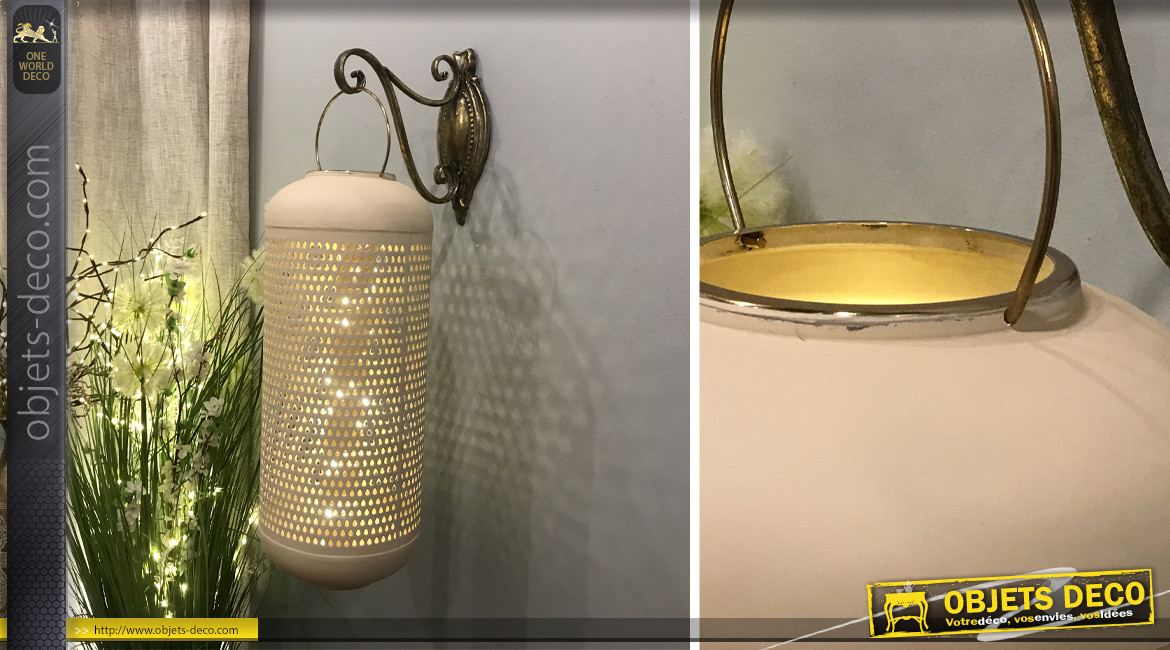 Grande lanterne en aluminium finition crème antique et doré brillant, Ø24cm / 71cm