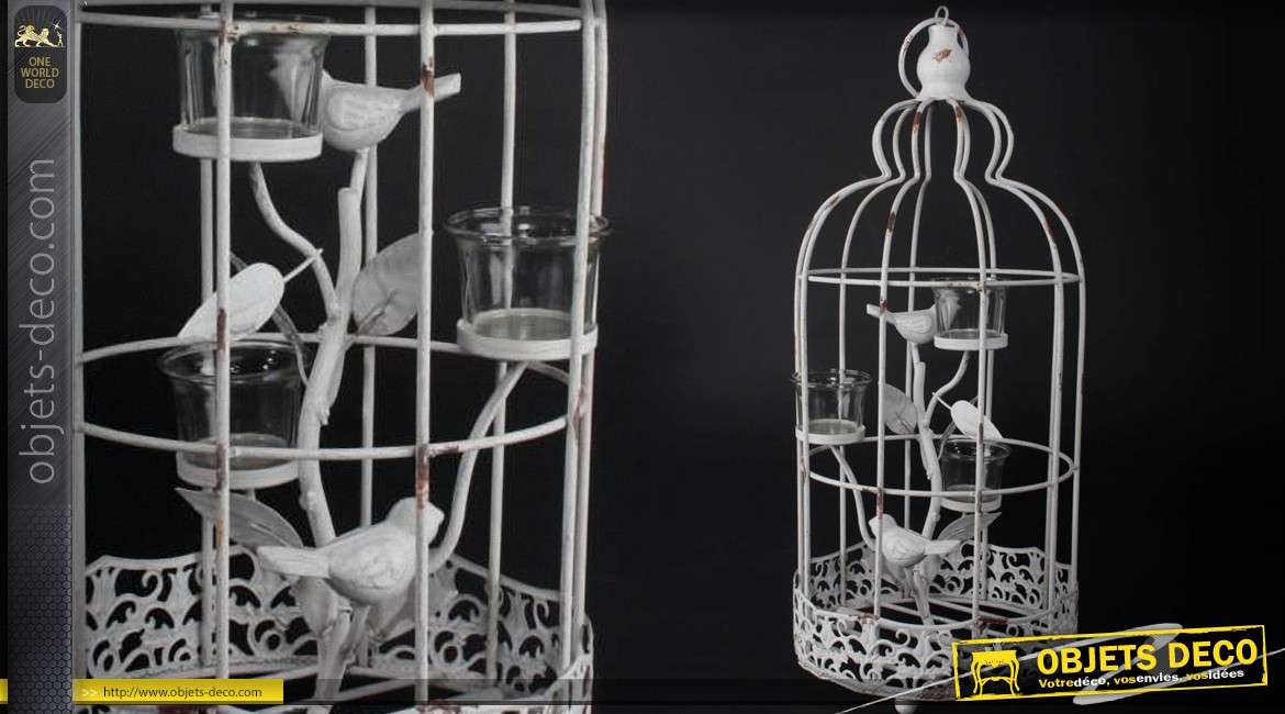 Cage à oiseaux ronde porte-bougies blanc antique 50 cm