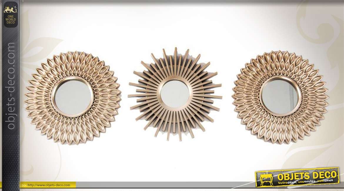 Série de 3 miroirs décoratifs muraux ronds finition dorée Ø 25 cm