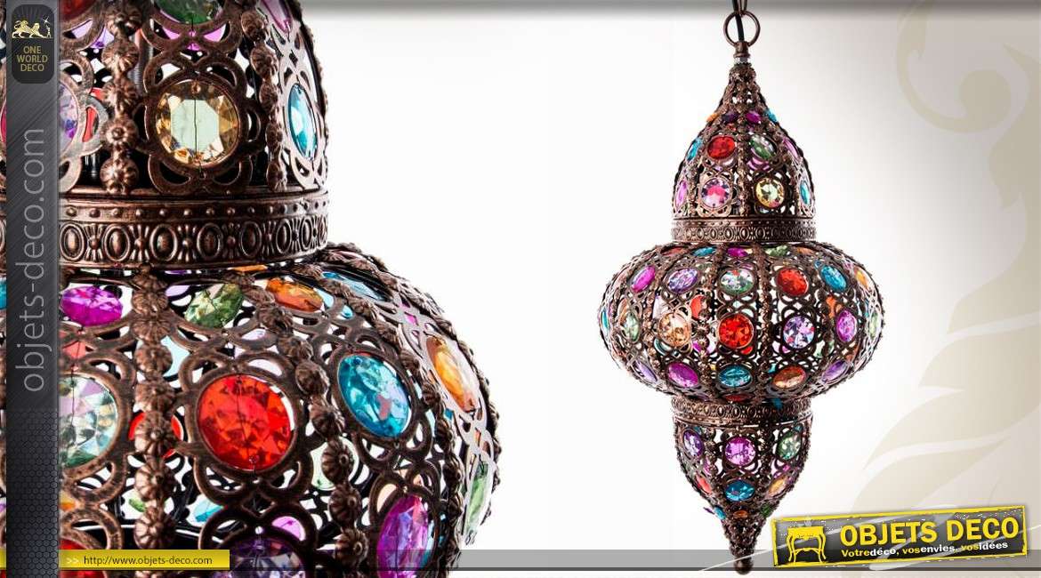 Lanterne suspendue orientale métal cuivré brillants multicolores