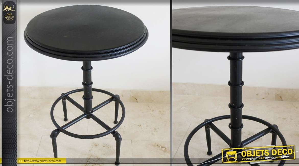 Table ronde haute bois et métal industriel coloris noir antique