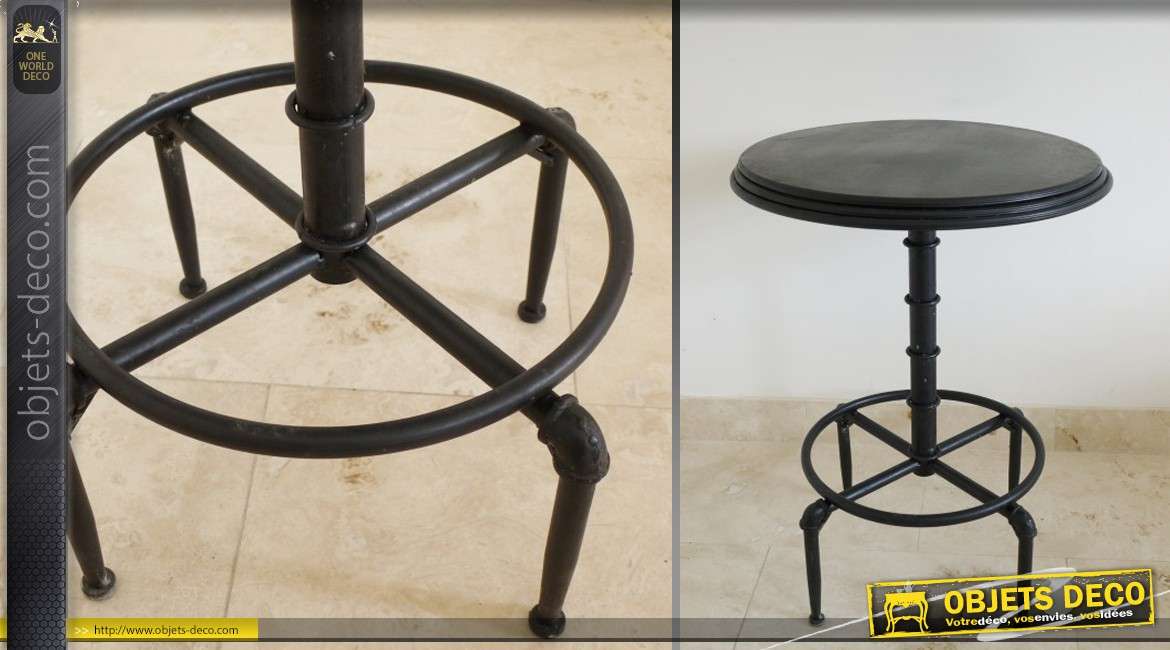Table ronde haute bois et métal industriel coloris noir antique