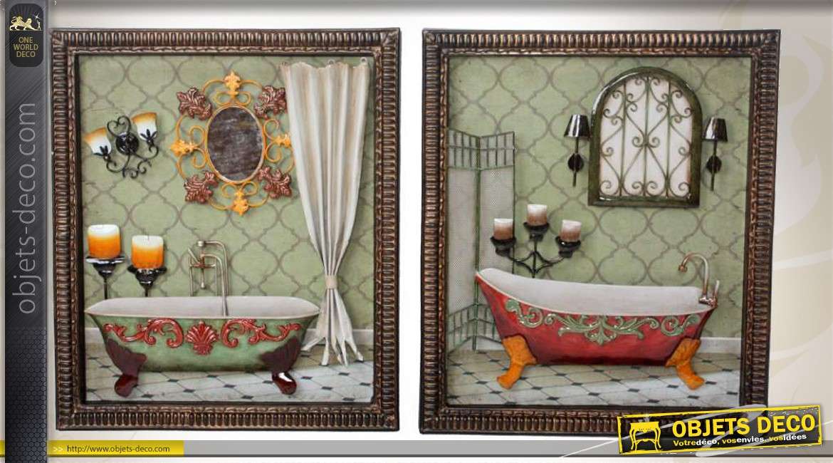 Duo de tableaux en métal thème salles de bains d'autrefois