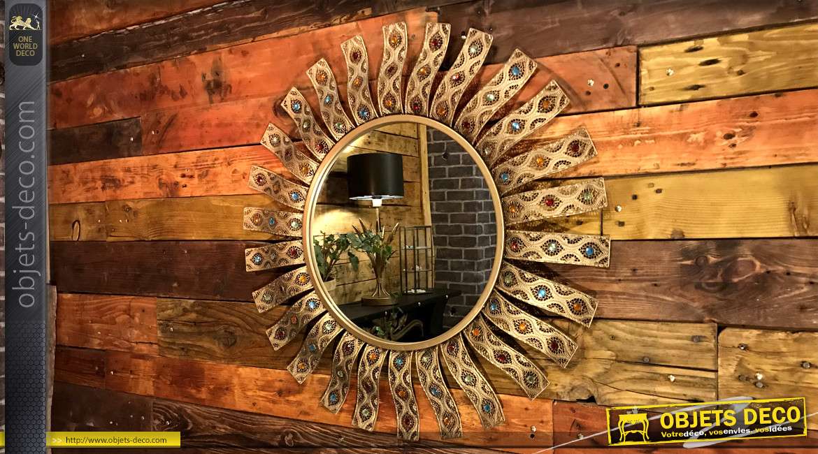 Grand miroir doré Ø 76 cm soleil avec ornements de brillants