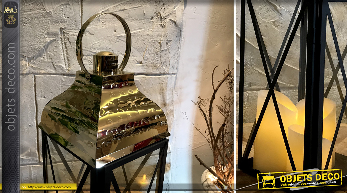 Lanterne décorative en métal noir et doré chromé, ambiance moderne contemporaine, 50cm