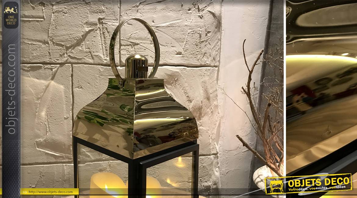 Lanterne élégante en métal finition charbon et doré chromé, ambiance moderne, 41cm