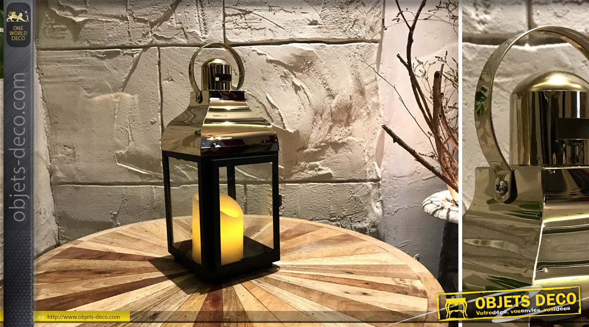 Petite lanterne en métal finition noir charbon et doré chromé, ambiance contemporaine moderne, 32cm