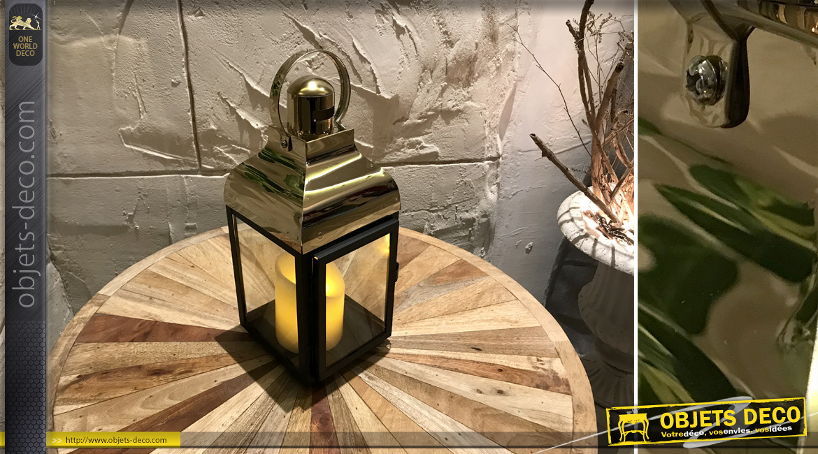 Petite lanterne en métal finition noir charbon et doré chromé, ambiance contemporaine moderne, 32cm