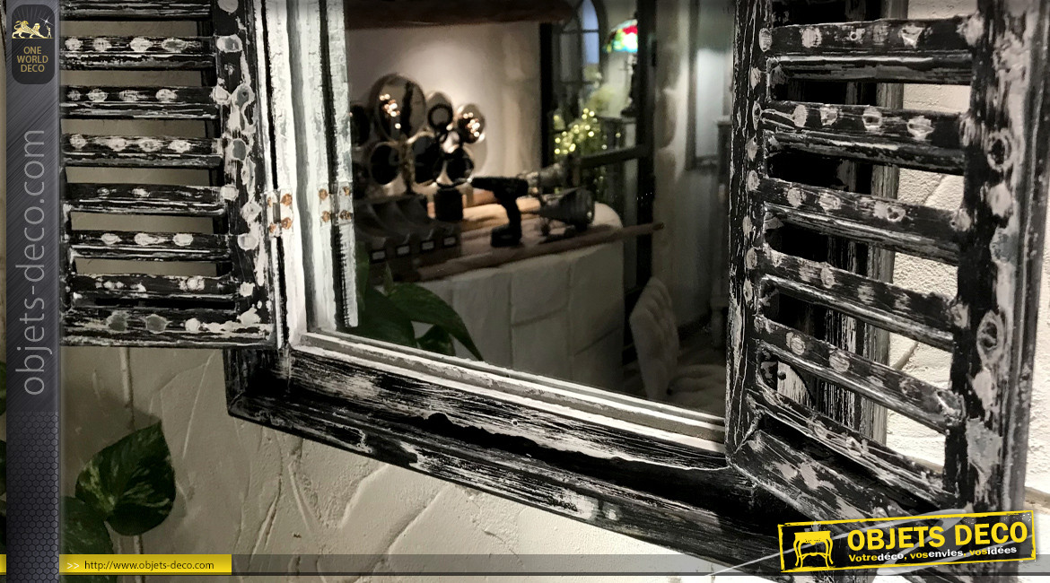 Miroir fenêtre en bois avec volets finition charbon vieilli, 60cm