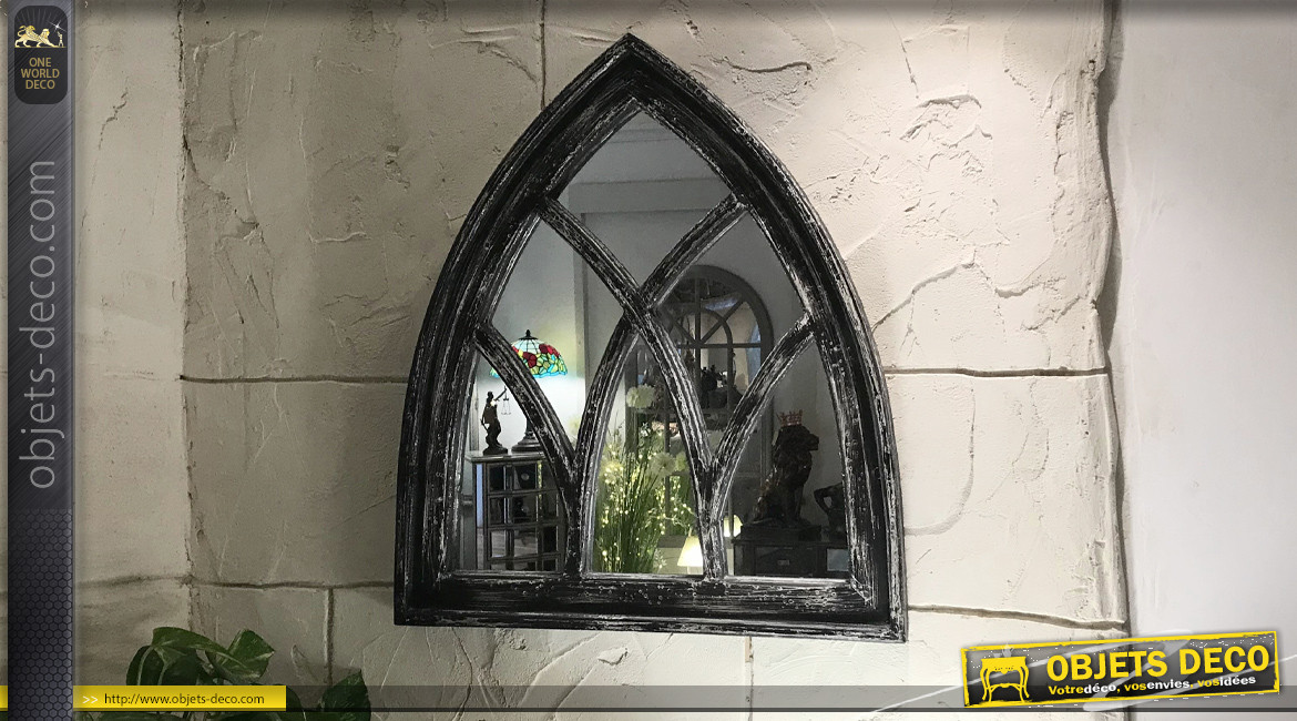 Miroir cathédrale en bois finition charbon vieilli, style arche, 62cm