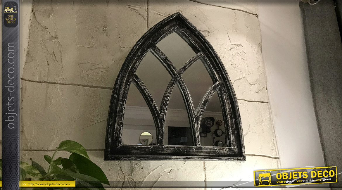Miroir cathédrale en bois finition charbon vieilli, style arche, 62cm