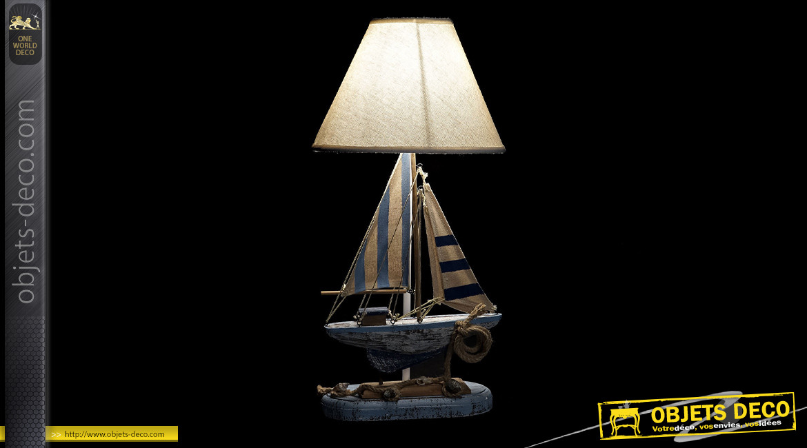 Lampe à poser de style bord de mer en bois, pied en forme de bateau, 51cm
