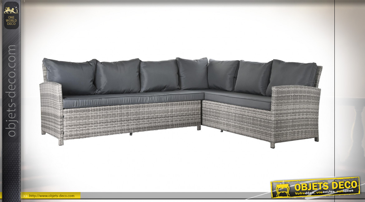 Grand canapé d'angle avec 3 repose-pieds et table basse en rotin finition grise