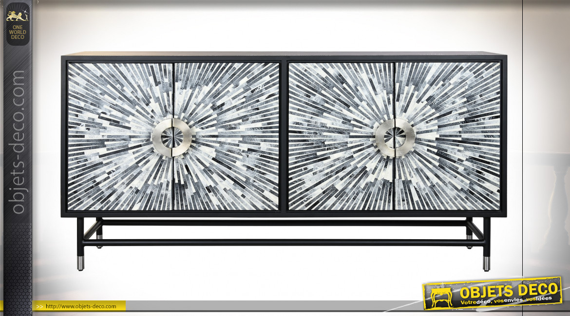 Buffet 4 portes en bois finition noir charbon, motifs géométriques ambiance moderne, 160cm