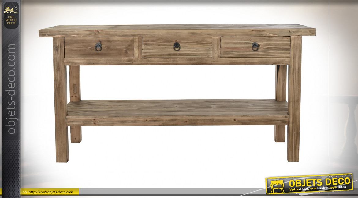 Console à 3 tiroirs en bois de pin recyclé finition naturelle de style rustique, 170 cm