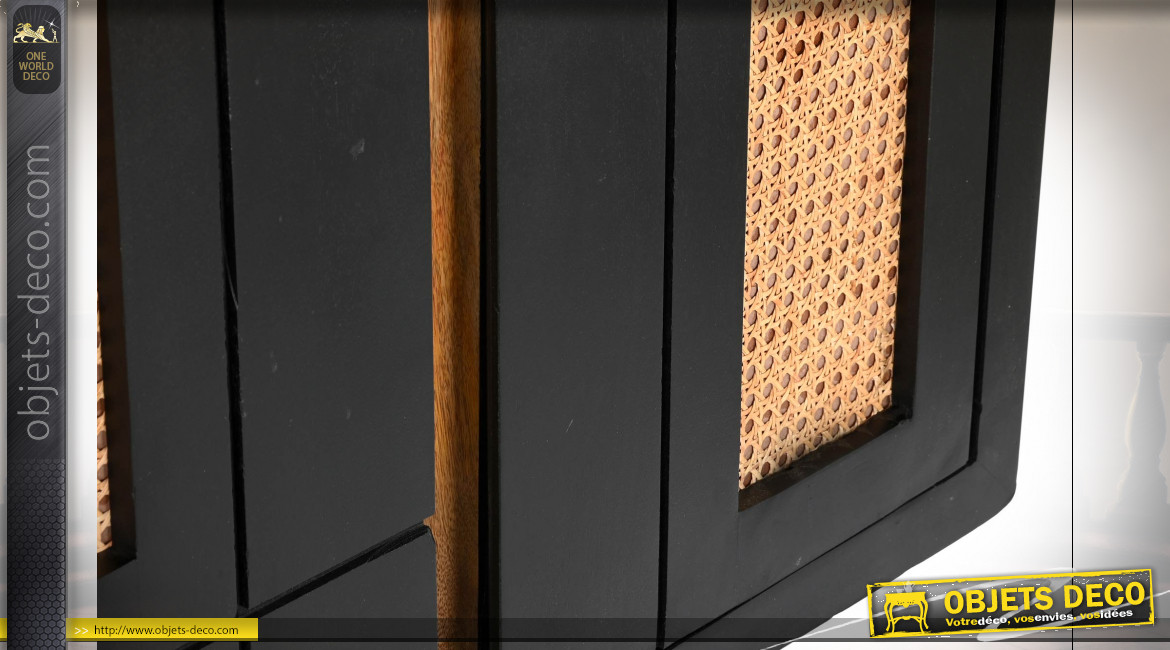 Buffet à 4 portes en bois de manguier finition noir charbon et cannage de rotin ambiance rétro, 160cm