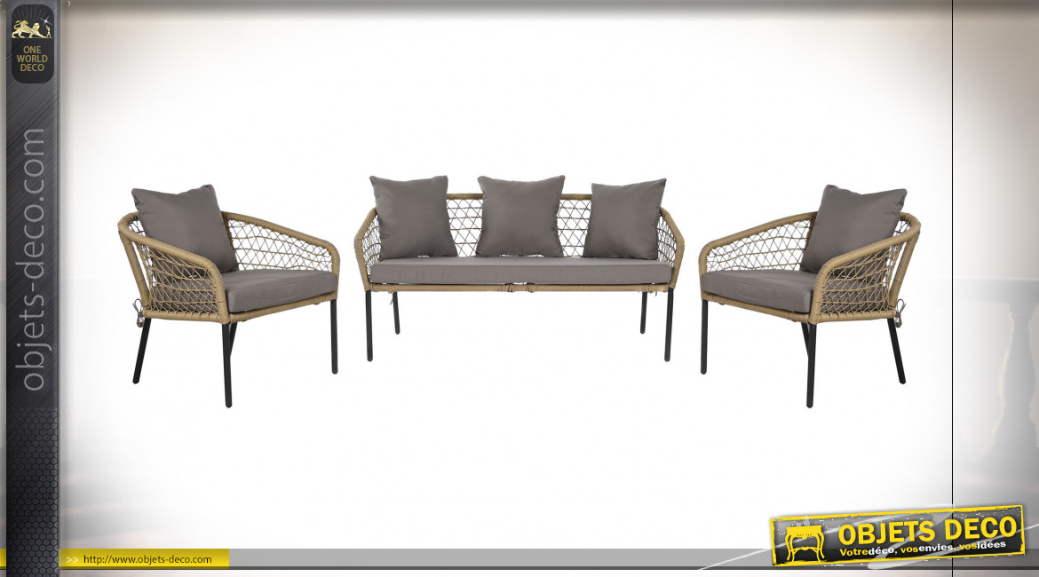 Salon de jardin en rotin synthétique finition beige, ambiance campagne moderne 137cm